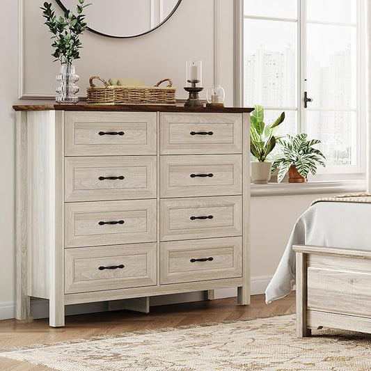 LINSY HOME Dresser for Bedroom with 8 Drawers, Updated Wide Chest of Drawers, Modern Farmhouse Bedroom Tall Dresser with Storage Organizer, Wooden Dressers for Living Room, Beige