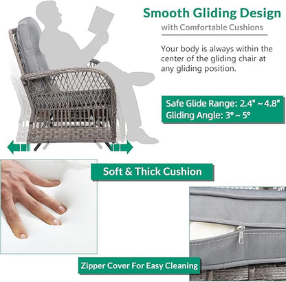 VIVIJASON 2-Piece Outdoor Wicker Glider Rocking Chair, Patio Rattan Swing Glider Chairs with Cushions & Steel Frame, All-Weather Gliding Lawn Wicker Furniture for Garden Backyard Porch, Grey