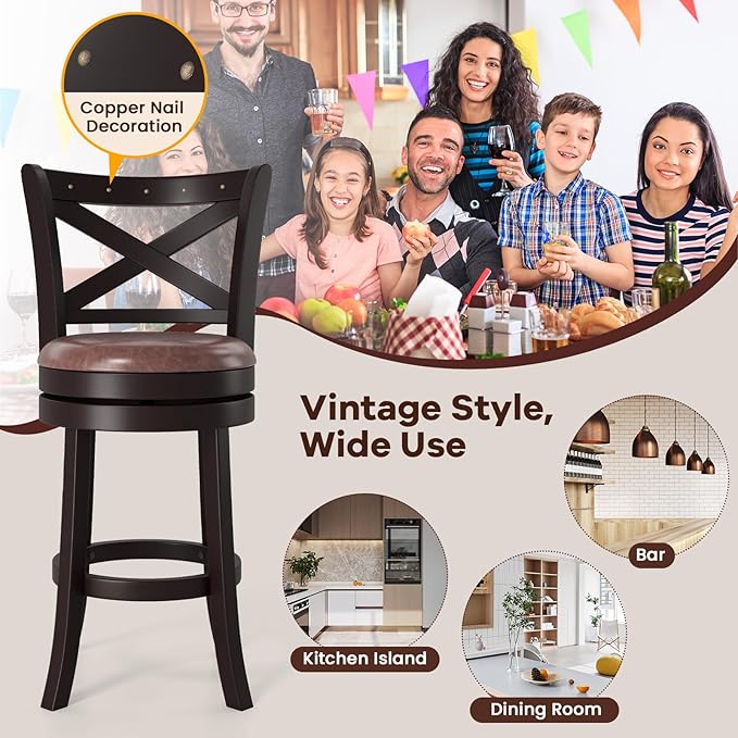 COSTWAY Bar Stools Set of 4, 26" Swivel Counter Height Bar Chairs with Copper Nails, Upholstered Seat, X-Shaped Backrest, Solid Rubber Wood Frame, for Kitchen Island Pub Bar