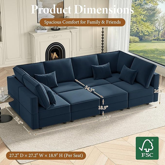 Vesgantti Sectional Sleeper Sofas with Storage, 118" Sofa Bed with 8 Seats Storage Chaises Removeble Cover, Deep Seat Modular Couches Velvet Couch Set for Living Room, Apartment, Home Theatre, Blue