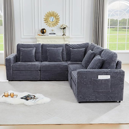 Oversized Corner Modular Sectional Sofa, L Shape Plush Corduroy Fluffy Sectional Couch with Pillows, 5 Seat Modular Sofa with Deep Seat for Living Room-Blue Grey