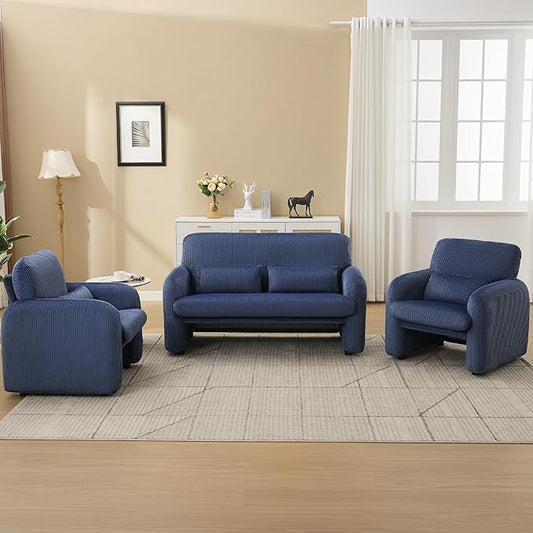 Corduroy Accent Living Room Sets, Modern Upholstered Love Seat with 2 Accent Chairs, Wide Comfy Leisure Chair Sets for Bedroom, Office, Blue