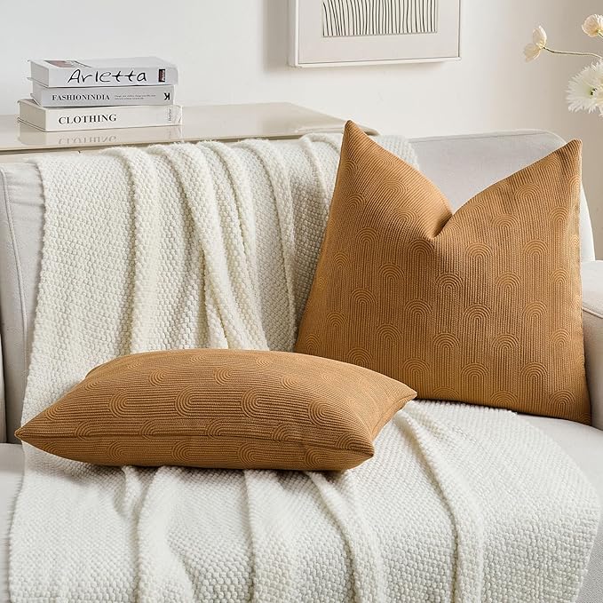 FUTEI Bronze Chenille Decorative Throw Pillow Covers 22x22 Inch Set of 2,Soft Cozy Striped Geometric Patterns Cushion Case,Modern Home Decor for Couch Bed Living Room