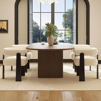 Modern Boho Dining Chairs Set of 4, White Boucle Upholstered Barrel Armchairs with Plush Teddy Fabric, Solid Black Wooden Legs, Mid-Century Accent Chairs for Dining Room, Living Room, Kitchen