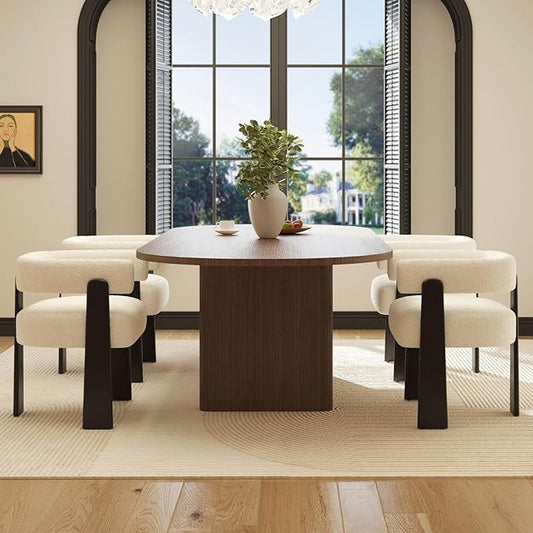 Modern Boho Dining Chairs Set of 4, White Boucle Upholstered Barrel Armchairs with Plush Teddy Fabric, Solid Black Wooden Legs, Mid-Century Accent Chairs for Dining Room, Living Room, Kitchen