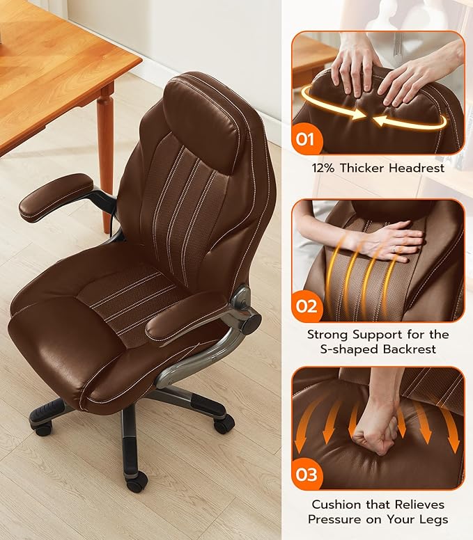 Office Desk Chair, Ergonomic Computer Chair with Padded Flip-Up Arms and Adjustable Lumbar Support, PU Leather Executive Chair with Tilt Lock and 360° Swivel Rolling Wheels for Work, Study