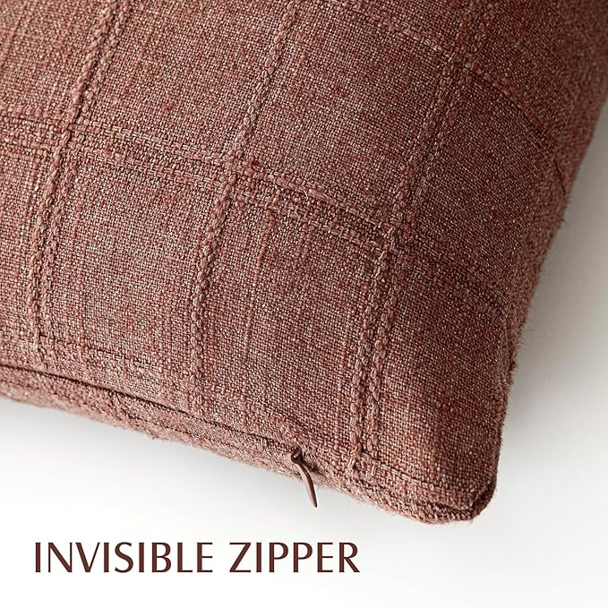 Foindtower Set of 2 Decorative Linen Check Throw Pillow Covers Neutral Farmhouse Vintage Cushion Covers Modern Boho Home Decor for Sofa Chair Couch Bedroom Living Room,24×24 Inch,Autumnal Red