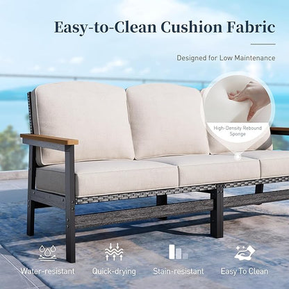 HDPE Outdoor Patio Furniture 3-Piece Set, All Weather Modern Patio Conversation Sets with Wood-grain Extended Table, Outdoor Patio Couch Set, Black Frame with Beige 4.7" Thick Cushions