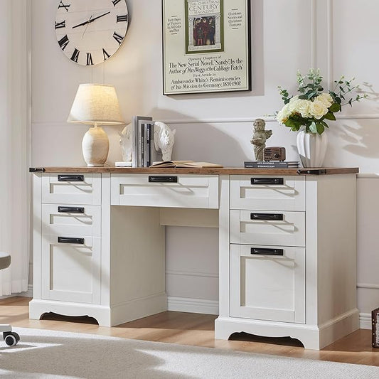 RedLemon 60" Farmhouse Executive Desk, Home Office Desk with Drawers, Charging Station, Keyboard Tray, File Drawer, Storage Cabinet, Wood Rustic Computer Writing Desk (Antique White)