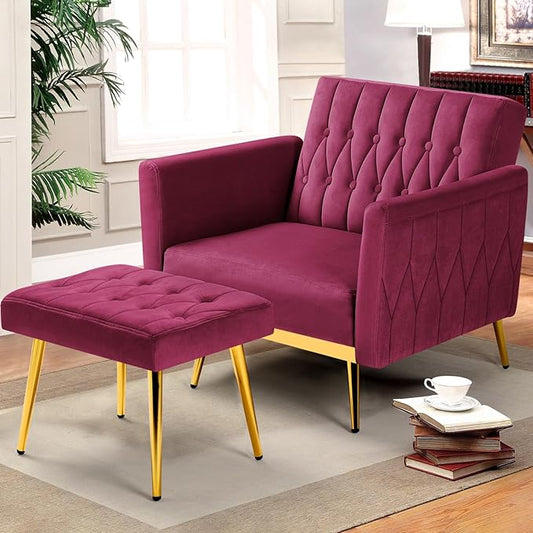 Velvet Accent Chair with Adjustable Armrests and Backrest, Button Tufted Lounge Chair, Single Recliner Armchair with Ottoman and Pillow for Living Room, Bedroom, Fuchsia