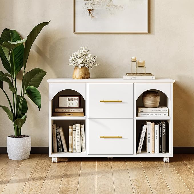 LITTLE TREE 2 Drawer Rolling File Cabinet for Home Office, 39-Inch Lateral Filing Storage Cabinet on Wheels Fits A4/Legal/Letter Size, Printer Stand with Shelves, White
