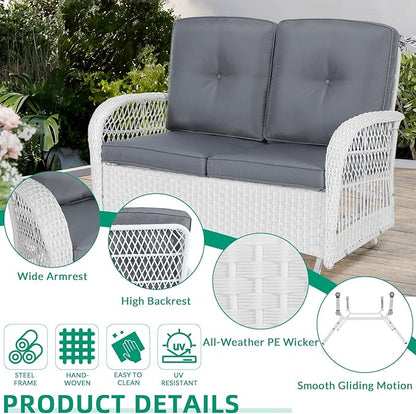 VIVIJASON 4-Piece Outdoor Patio White Wicker Conversation Sets, All Weather Outdoor Rattan Furniture Set Includes Glider Loveseat, Coffee Table, 2 Rocking Chairs with Cushions for Backyard, Grey