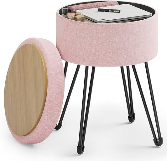 SONGMICS Vanity Stool Chair, Small Ottoman Stool with Storage, Vanity Chair, 15.4 Dia. x 17.4 Inches, 4 Metal Legs, for Makeup Room, for Living Room, Bedroom, Jelly Pink ULOM002R01