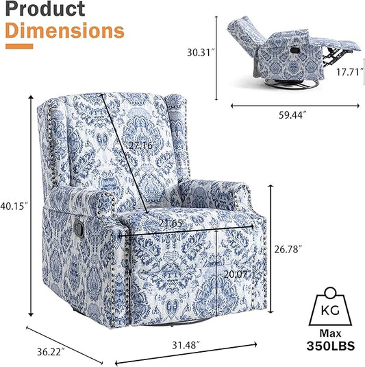 Pia Ricco Swivel Glider Recliner Chairs Set of 2, High Back Rocker Reclining Accent Chair with Smooth Manual Mechanism for Nursery, Comfortable & Quiet Upholstered Armchair Seating-Bule Pattern
