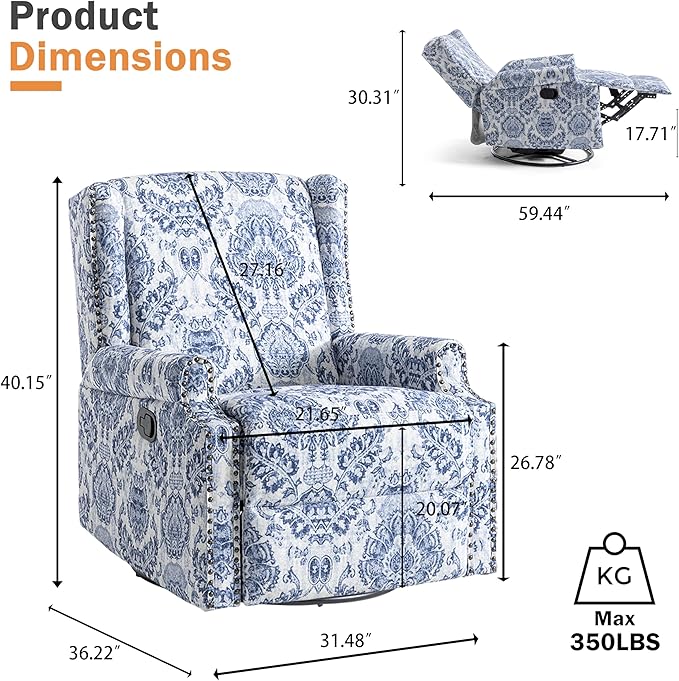 Premium 360° Swivel Recliner Chair with Footrest - Luxurious Cotton Linen & Botanical Design-Bule Pattern