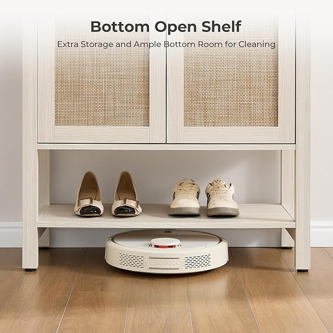 SICOTAS Rattan Shoe Cabinet with Storage - 5 Tier Farmhouse Boho Shoe Organizer Storage Cabinet with Shelves & Doors, Tall Shoe Rack Cabinet for Entryway, Living Room, Closet (White Cream Oak)
