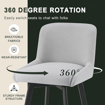 Swivel Bar Stools Set of 2, 30''H Upholstered Barstools with Backs, Modern Counter Height Bar Stool Chairs for Kitchen Island, Metal Legs, Fabric, Light Gray Counter Stools