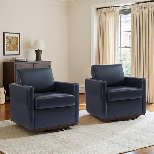 UIXE PU Leather Swivel Accent Chairs Set of 2, Upholstered Armchair Comfy Club Chair for Living Room, Mid Century Modern Arm Chair Single Sofa Nook Bedroom Side Reading Seat - Navy Blue