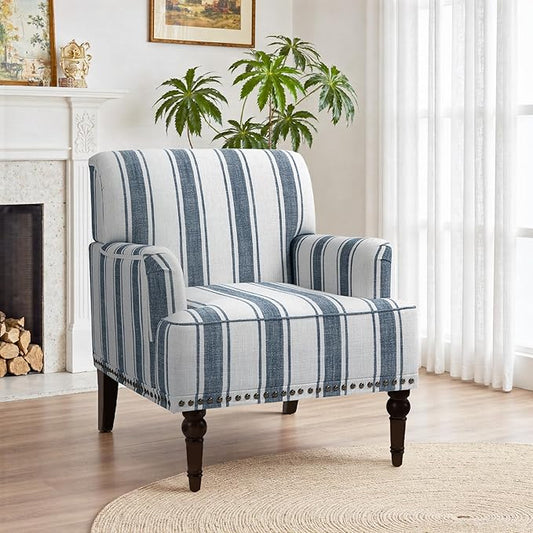Pia Ricco Stripe Accent Chair-Modern Nailhead Trim & Wood Legs Armchair - Comfy Living Room, Bedroom, or Home Office Seating-Blue