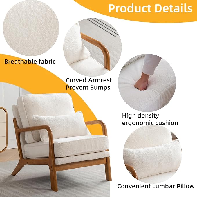 Mid-Century Accent Chair,Sherpa Fabric Lounge Chair with Wide Armrest,Sherpa Fabric Armchair with Lumbar Pillow & Solid Wood Frame for Living Room, Bedroom, Balcony(White)