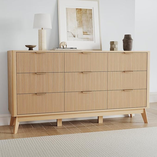 SUNWAVE Fluted 9 Drawer Dresser for Bedroom, 59.1" Wide Modern Large Dresser with Round Corner, Wood Drawer TV Stand for Living Room