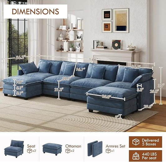 WorthFurni 146” Oversized Modular Sectional Sofa, U Shaped Cloud Couch Set, 4-Seater Comfy Chenille Couches with 2 Movable Ottomans, DIY Combination for Living Room (Blue)