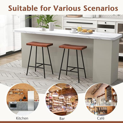 COSTWAY Industrial Bar Stools, 24-inch Backless Counter Height Saddle Stools with Footrest, Metal Legs, Adjustable Foot Pads, Barstools for Kitchen Island Cafe Restaurant, Walnut+Black (Set of 2)