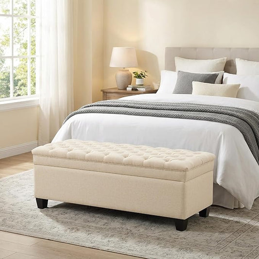 50" Storage Ottoman Bench, Rectangular End of Bed Storage Bench, Upholstered Large Fabric Tufted Ottoman with Storage for Living Room, Bedroom, Entryway,Khaki