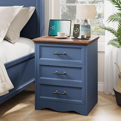 Blue Nightstand with Charging Station, 19.7" Farmhouse End Table with 3 Drawers Storage, Bedside Table with Brushed Metal Handles, Unique Base Design, 3 Drawer Dresser for Bedroom, Living Room