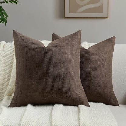 FUTEI Dark Coffee Chenille Throw Pillow Covers 22x22 Inch Set of 2,Soft Wide Chevron Textured Cushion Case,Farmhouse Home Decor for Couch Bed Living Room