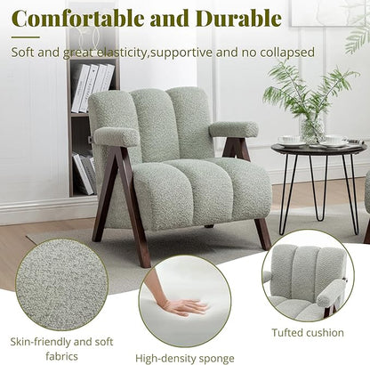 Mid Century Modern Accent Chair with Solid Wood Frame, Boucle Upholstered Living Room Chairs with Thick Cushion, Comfy Tufted Arm Chair for Bedroom, Sage