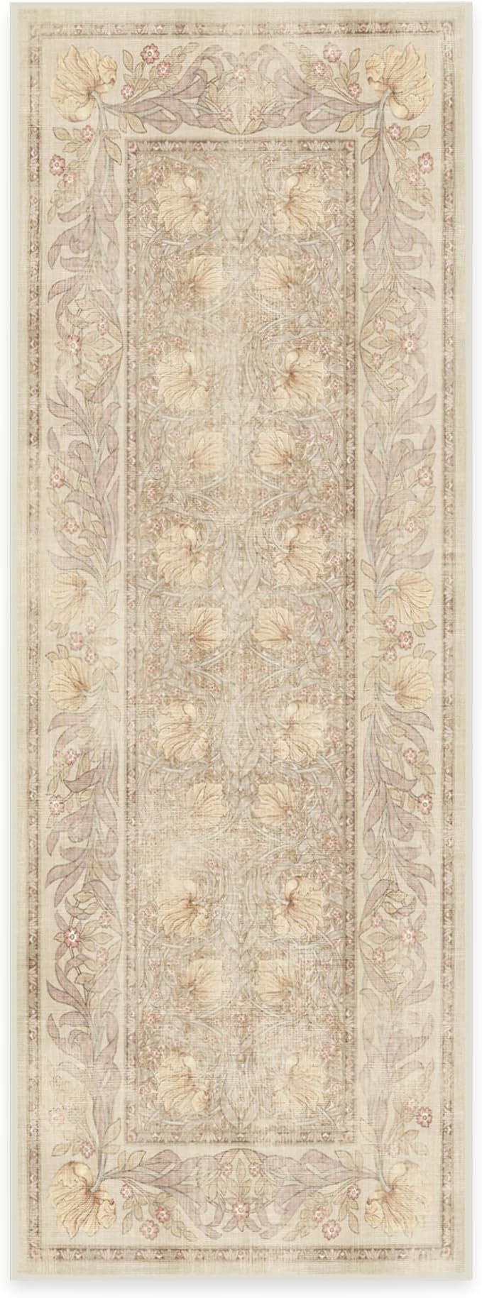 RUGGABLE x Morris & Co Machine Washable Runner Rug – Pimpernel Vintage Stone 2.5x7, Stain-Resistant, Non-Slip – Washable Rug for Hallway, Entryway, Living Room & Kitchen–with Standard Pad