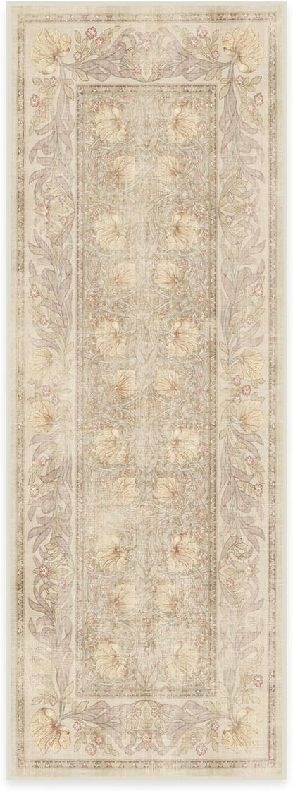 RUGGABLE x Morris & Co Machine Washable Runner Rug – Pimpernel Vintage Stone 2.5x7, Stain-Resistant, Non-Slip – Washable Rug for Hallway, Entryway, Living Room & Kitchen–with Standard Pad