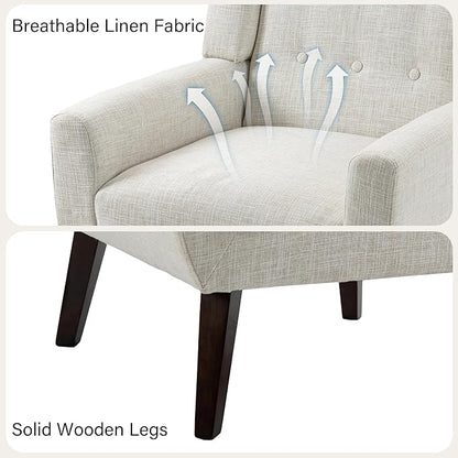 Accent Chair, Mid-Century Modern Fabric Chairs with Arms for Living Room, Comfy Upholstered Club Single Sofa Armchair for Bedroom Waiting Room with Solid Wood Frame (Fabric Beige, Set of 2)