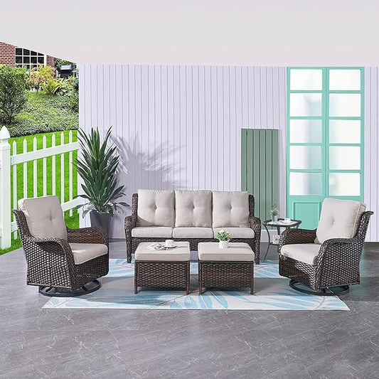 HUMMUH Outdoor Furniture Set 6 Pieces Patio Furniture Wicker Outdoor Sectional Sofa with Swivel Rocker Chairs,Side Table,Outdoor Ottomans for Patio