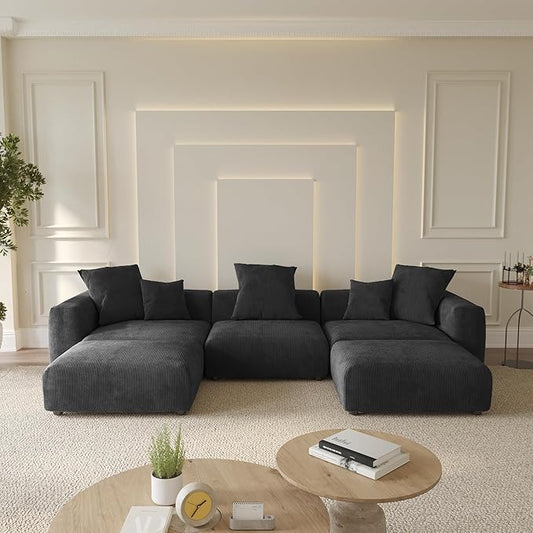 WJShome Cloud Couch Modular Sectional Sofa,141.73" U Shaped Sofa with 2 Ottomans,Black Corduroy Couch 5 Seater,Convertible Sectional Sofa for Living Room,Cushion Covers Removable& Washable