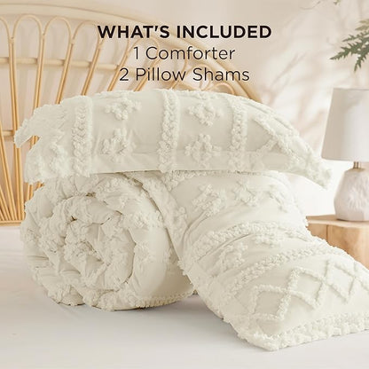 Bedsure Tufted Boho Comforter Set Oversized Queen - Ivory Boho Bed Set, GentleSoft™ 3 Pieces Farmhouse Shabby Chic Embroidery Bedding, Gifts for Woman, Soft Jacquard Comforter for All Seasons