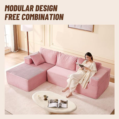 107" Boneless Couch with Deep Seat, Modular Sectional Sofa, Cloud Sectional Couch for Living Room, No Assembly Required, Corduroy, L-Shape Left，Pink