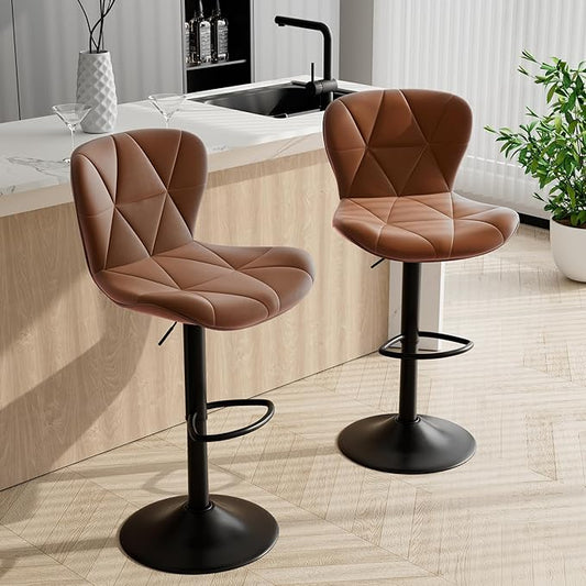 Bar Stools Set of 2, Faux Leather Bar Chairs,Upholstered Counter Height with High Backrest for Kitchen Island,Light Brown