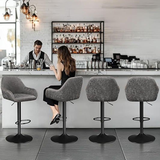 Yaheetech Bar Stools Set of 4, PU Leather Swivel Counter Height Barstools, Adjustable Bar Chairs with Backrest and Footrest, Kitchen Island Stool for Home Kitchen, Grey