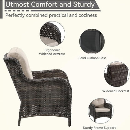 Patio Wicker Chairs Set of 2, Patio Rattan Dining Chairs with 3.5-inch Seat Cushions, High Back and Curved Armrest for Garden, Backyard, Balcony and Deck, Beige
