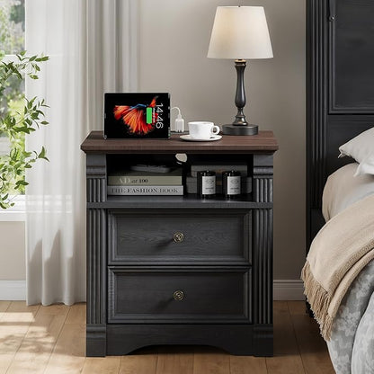 Yaamizz Farmhouse Nightstands Set of 2 with Charging Station, Table with Drawer and Storage Shelf, Wood Pilasters and Metal Handles, Vintage Design, Organizer for Bedroom, Hallway, Black