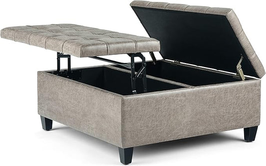 SIMPLIHOME Harrison 36 inch Wide Transitional Square Coffee Table Storage Ottoman in Distressed Grey Taupe Vegan Faux Leather, Assembled, For the Living Room and Bedroom