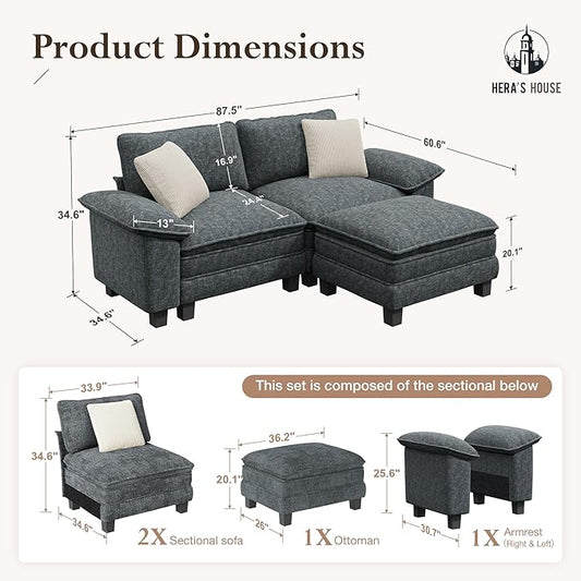 HERA'S HOUSE 88" Modular Sectional Sofa, L Shaped Couches for Living Room, Comfy Cloud Couch with Ottoman, 3-Seater Deep Seat Sofa with Throw Pillow, Chenille Blue