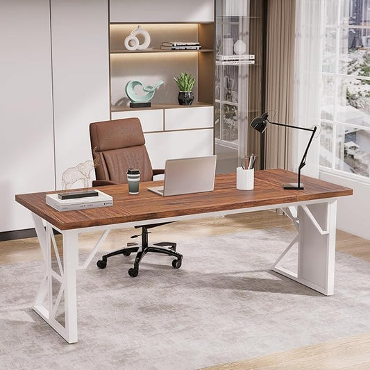 70.8" Large Home Office Compute Desk,Modern Heavy-Duty Excutive Office Desk,Workstation Write Table for Home Rustic Brown Table-top/White Metal Frame with Mirrors
