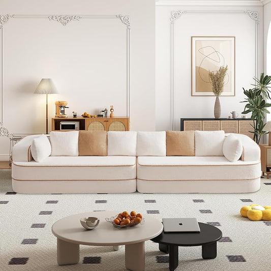 Cloud Sectional Sofa Modern Boneless Couch for Living Room, Comfy Deep Seat Comfy Teddy Fabric Double Sofa Chaise No Assembly Required (White, 135"- 4 Seater)