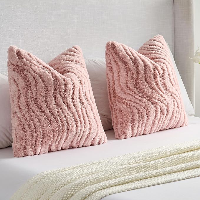 FUTEI Pink Decorative Throw Pillow Covers 24x24 Inch Set of 2,Soft Faux Fur Geometric Shapes Texture European Cushion Case,Boho Home Decor for Couch Bed Living Room