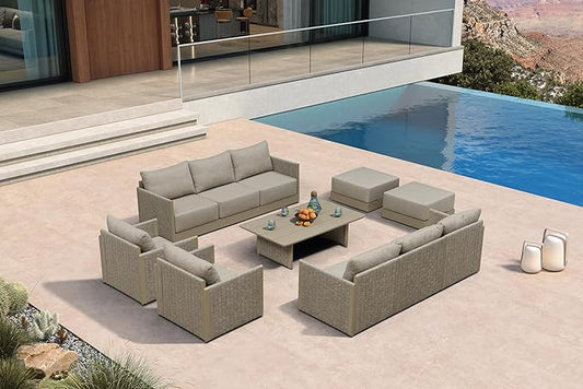 PURPLE LEAF 11 Pieces Patio Conversation Sets with Coffee Table All Weather Outdoor Couch Sectional Set with Cushion Small Conversation Set for Garden Poolside Backyard Beige