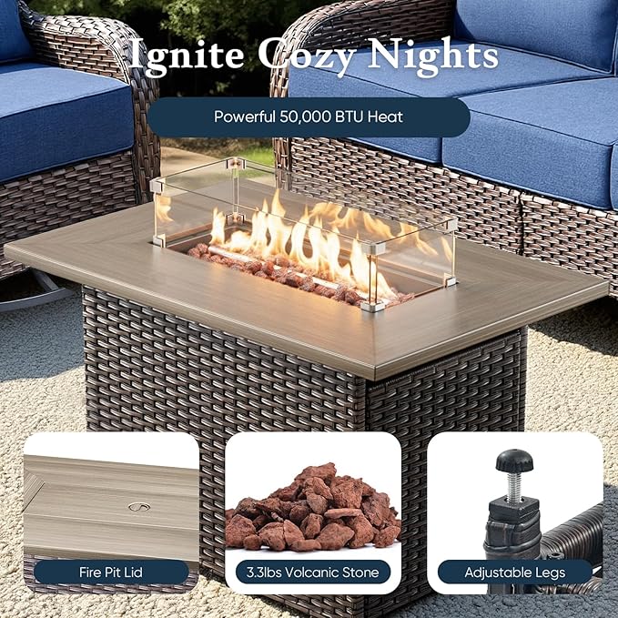 Belord Luxury 6" Thick Cushioned 7 Pieces Patio Furniture Set with Fire Pit Table, Wicker Outdoor Conversation Set with High Back Swivel Rocker Chairs for Deck Porch Yard and Poolside - Brown+Beige