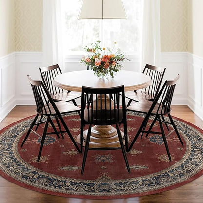 RUGGABLE Washable Vintage Area Rug – Verena Amber Red 6 ft Round, Stain-Resistant, Non-Slip – Medium Machine Washable Rugs for Living Room, Bedroom, Hallway, Entryway & Office–with Cushioned Pad